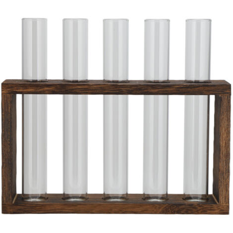 Vase en tube de verre de table Verre à haute teneur en borosilicate Cadre en bois de pin Vase à plante en tube rétro pour plantes hydroponiques Décoration de la maison 5 bouteilles