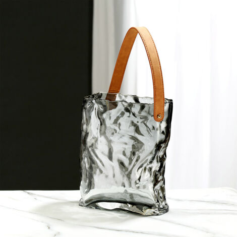 Vase en Verre Original en Forme de Sac Purse - Réalisation Artisanale - Format S, Gris - Diamètre 13cm