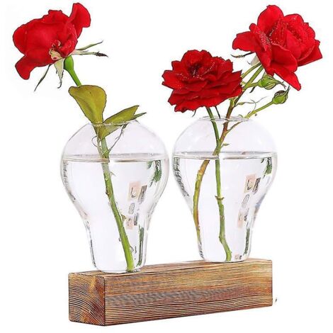 Vase en verre pour plantes hydroponiques, tubes à essai avec support en bois, pour la culture hydroponique, bureau à domicile