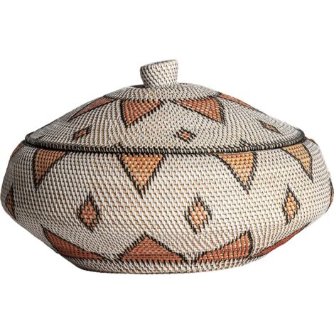 Vase ethnique Zirba en rotin blanc - Beige sable aux motifs ethniques noirs et orangés
