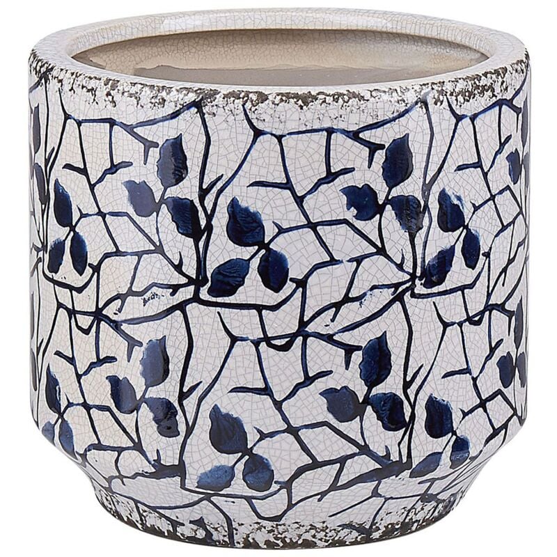 Beliani - Vase Décoratif à Fleurs Cache-pot en Céramique Blanc et Bleu Marine 15 cm de Hauteur Motif Feuilles Accessoire Tendance pour Salon ou