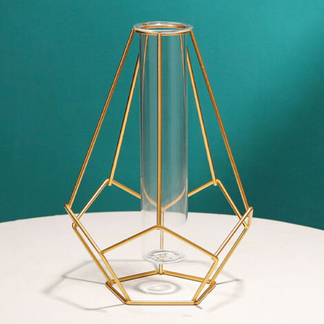 Vase Hydroponic avec Tube de Verre Transparent et Support Métallique Décoratif pour Bureau - Géométrique Doré 22.5x15.5cm