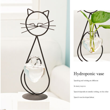 Vase Hydroponique pour Fleurs en Fer Forgé Chat Décoratif
