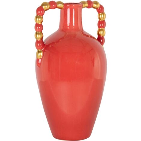 Vase orange en grès à anse perles déco design sculptural - Orange brillant poignée perles dorées