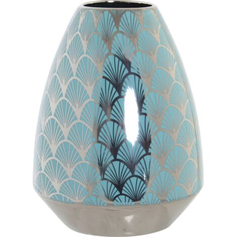Vase porcelaine turquoise finition chromée style oriental - turquoise motifs argentés