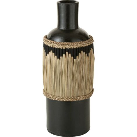 Vase poterie noir motifs terracotta et herbes naturel - Noir et beige naturel