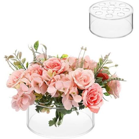 Vase rond en acrylique transparent 12 trous pour fête de mariage, centre de table à manger, centre de table floral cylindrique pour table à manger, support de fleurs bas avec trous pour la maison