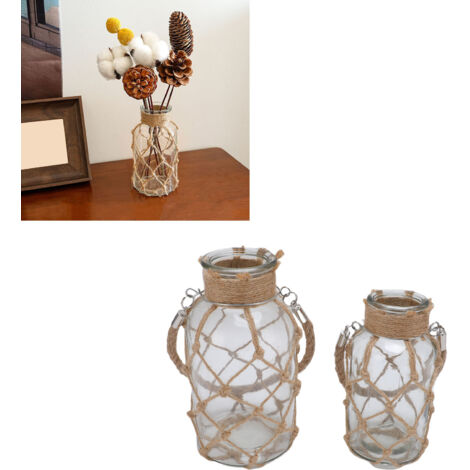Vase Rustique avec Filet Corde et Poignée pour Fleurs Séchées  Deux Pièces en Verre  Dimensions L: 20x10cm S: 16x8cm  Déco Boho et Farmhouse pour Salon et Bureau