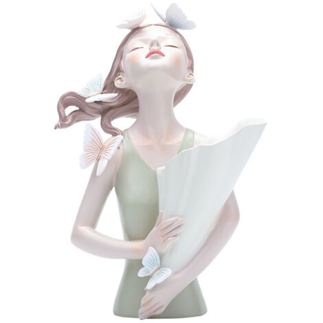 [Vase sculptural] [Vase fantaisie] [Statue fille aux papillons] en résine, dimensions 21.5x14.5x31cm, poids 800g, coloris Blanc & Noir/Orange & Doré/ Vert & Doré/ Vert/Gris/Rose, pièce unique artisana