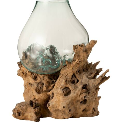 Vase sur pied en bois naturel et verre transparent sculptural - Bois naturel et verre transparent