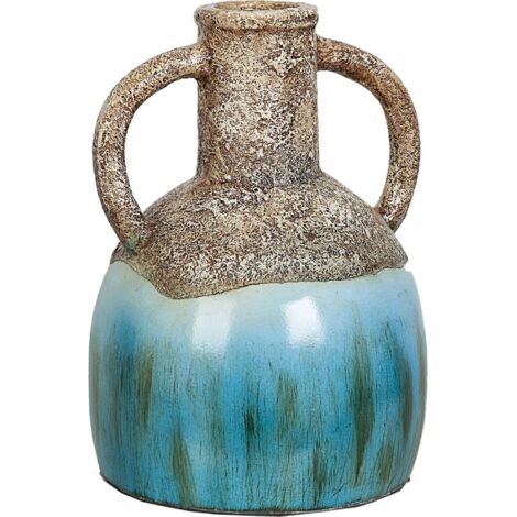 Vase terracotta décoratif bleu et marron style artisanal - Bleu dégradé et marron naturel