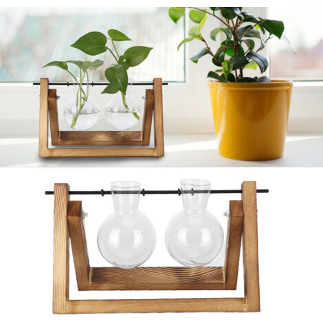 [Vase Terrarium] [Planter] - Support Bois Pin & 2 Vases Borosilicate - Plantter Bac Vase Bulb Desktop Deco Bureau Maison