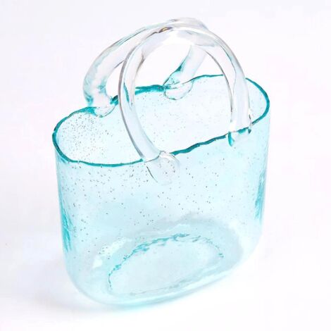 Vase transparent en forme de sac à main, vase à fleurs en verre transparent pour la décoration intérieure et les mariages - Bleu clair