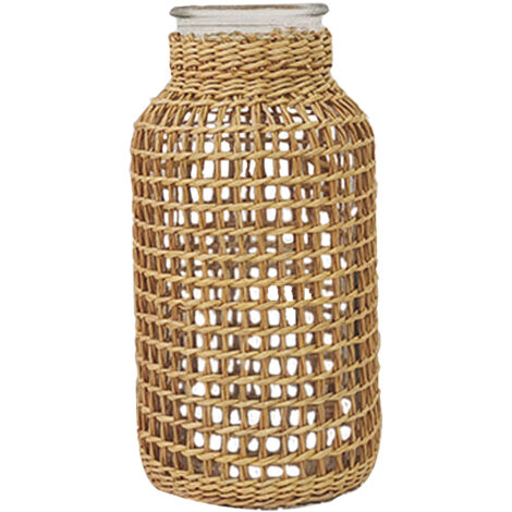 Vase - Vase en verre vintage gainé de rotin - 8 x 8 x 16cm - Khaki - 350g