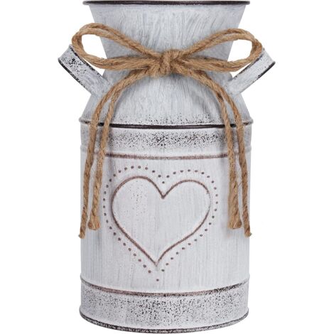 Vase Vintage à Fleurs en Métal – 10,3 x 19 cm - Pot à Lait Blanc de Style Fermier Shabby Chic Vintage avec Cœurs - Pot Lait Zinc Décoratif pour Décoration de Maison/Mariage et Plantes