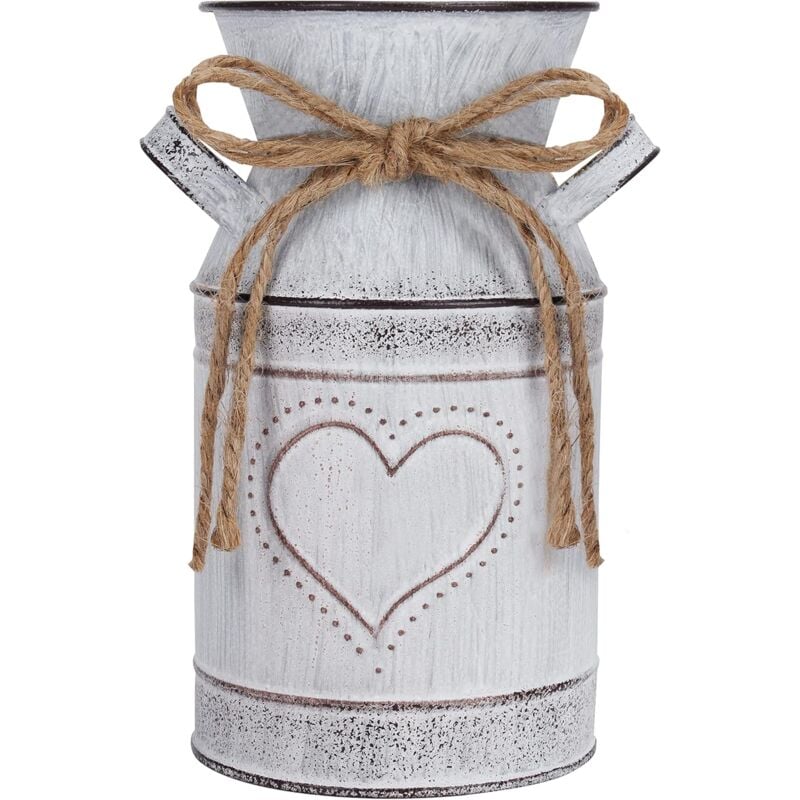Vase Vintage à Fleurs en Métal – 10,3 x 19 cm - Pot à Lait Blanc de Style Fermier Shabby Chic Vintage avec Cœurs - Pot Lait Zinc Décoratif pour