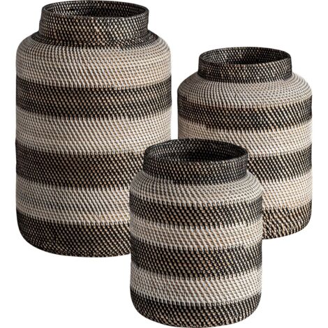 Vase Zirba ethnique chic en ratan naturel - Naturel ethnique avec motifs noirs et blancs