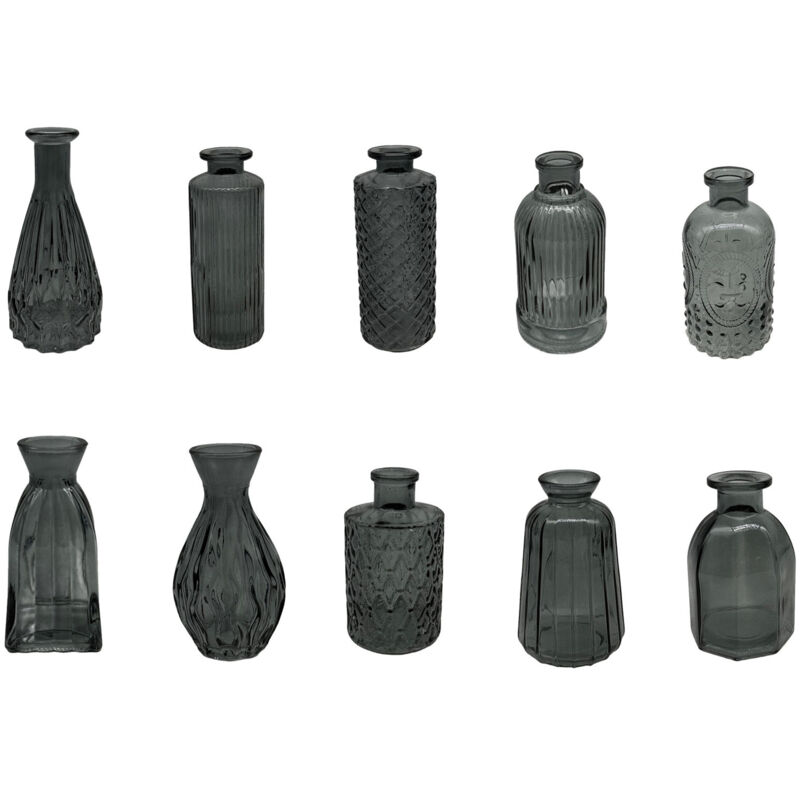 Relaxdays Vases, ensemble de 10, texturés, style vintage, verre, H : 10-14,7 cm, petites vases décoratifs, gris