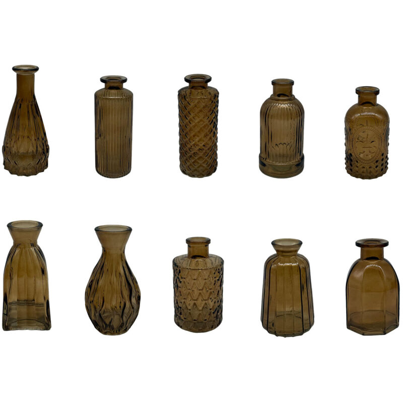 Relaxdays Vases, lot de 10, texturés, vintage, verre, H : 10-14,7 cm, petites vases déco, marron