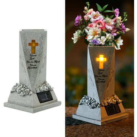 Vases solaires de cimetière pour tombe en résine de 22,9 cm avec trou de drainage et lampe solaire cruciforme pour cimetière, pierre tombale, cadeau commémoratif du jour des morts (vase)