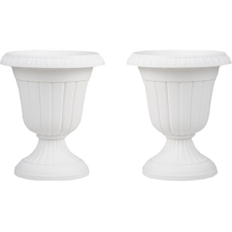 Vasi di fiori in plastica a forma di urna con base a piedistallo e foro di drenaggio, Set di 2 fioriere vintage alte Bianco