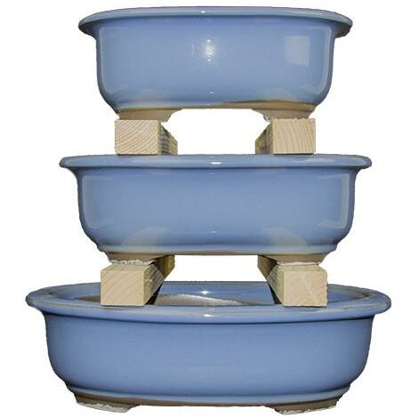 Vasi per bonsai Giapponesi Morrisan ovali in gres smaltati azzurro (Set da n.3 pezzi) - B21-24