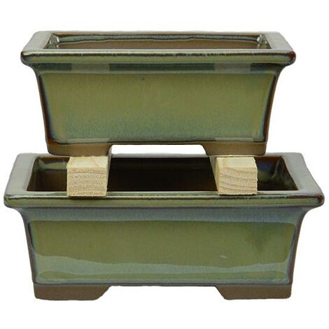 Vasi per bonsai Giapponesi Morrisan rettangolari in gres smaltato verde (Set da n.2 pezzi) - B05-3