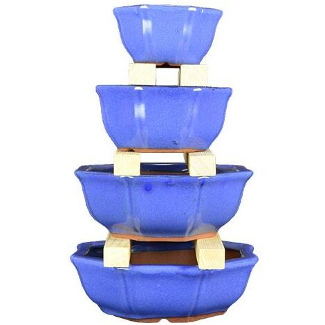 Vasi per bonsai ottagonali in gres smaltati blu (Set da n.4 pezzi) - G235