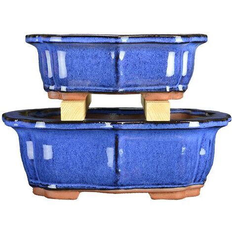 Vasi per bonsai ovali (forma mokko) in gres smaltati blu (Set da n.2 pezzi) - BJA1