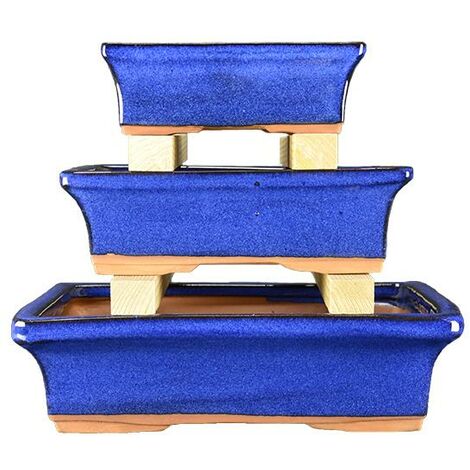 Vasi per bonsai rettangolari in gres smaltati blu (Set da n.3 pezzi) - 2835R