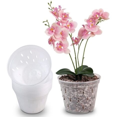 Vasi per orchidee in plastica trasparente da 5 pollici, 10 pezzi, vasi per la coltivazione di orchidee, controllo delle radici delle piante, vasi a rete con fori e vassoi