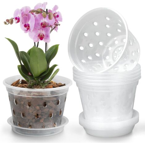 Vasi per orchidee, set di 8 vasi per orchidee da 7,6 cm con fori e sottovasi, vasi in plastica trasparente, adatti per piante da interno ed esterno, fioriere per orchidee scanalate (7,6 cm).