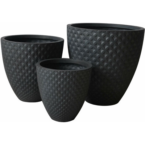 Vasi tondi bassi da esterno giardino in fibra di argilla decorata nero opaco set 3 pezzi Miltonia