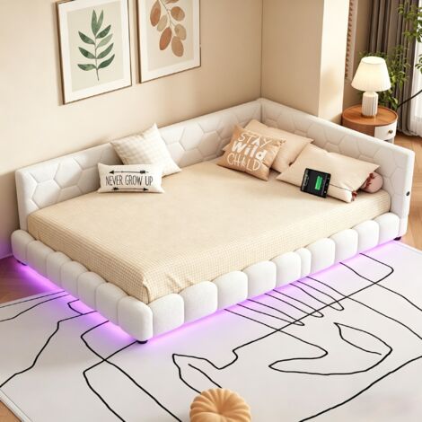 VASIEN – Canapé-lit 140x200 cm,Lit 140x200 avec sommier,lit 2 personnes,lit de jour avec LED et USB,lit double rembourré avec sommier à lattes en bois,pour chambres,salons,Laine d'agneau Blanc