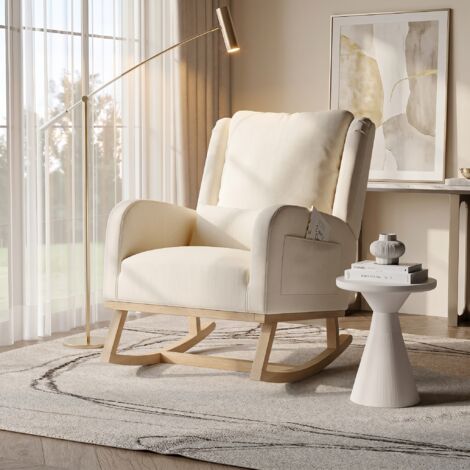 VASIEN – Fauteuil à bascule,Fauteuil relax,Rocking chair,deux poches latérales,style Scandinave,Dossier rembourré et accoudoirs base,silencieuse antidérapante, tissu en lin,beige 68x93x96 cm