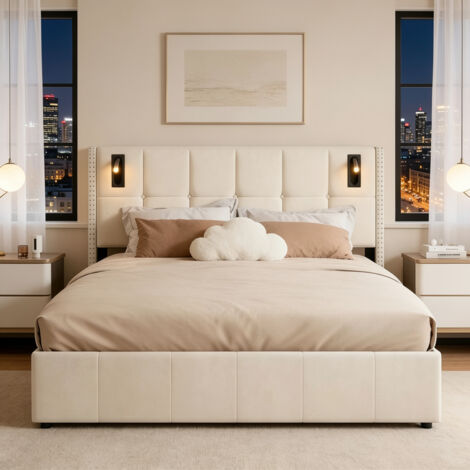 VASIEN – Lit 140x200 avec Sommier LED,Lit Coffre 140x200 avec 2 Lampes de Lecture et Tete de Lit avec décor de rivets,lit adulte avec à Lattes,Lit 2 Personnes Lit Rembourré Lit Double 140x200 Velours