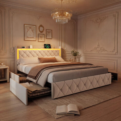 VASIEN Lit Coffre 140x190 cm avec LED et USB, lit 140x190 cm avec 4 Tiroirs et sommier à lattes, Tete de Lits Rembourré, Lit Adultes et Lit Adolescents, sans matelas, Beige, Velours