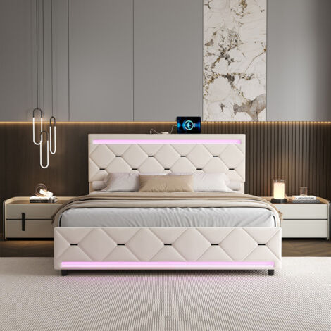 VASIEN Lit Coffre 140x190 cm avec LED et USB, lit 140x190 cm avec 4 Tiroirs et sommier à lattes, Tete de Lits Rembourré, Lit Adultes et Lit Adolescents, sans matelas, Beige, Velours