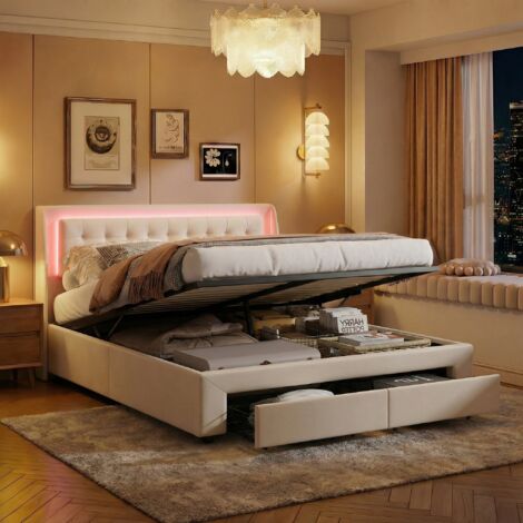 VASIEN – Lit coffre 140x190 cm avec Rangement hydraulique,2 tiroirs,velours,sommier à lattes,lit double adultes,Lit 2 Personnes capitonné,style scandinave - Beige