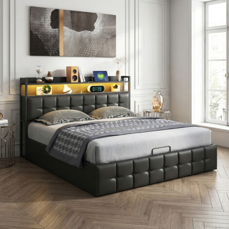 VASIEN Lit Coffre 140x190 cm cm avec LED et USB, lit 140x190 cm avec rangement et sommier à lattes, Lit double hydraulique, Lit Adultes et Lit Adolescents, PU, sans matelas, Noir