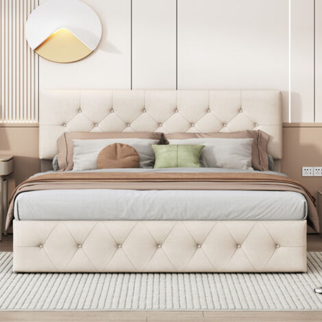 VASIEN Lit Coffre 140x200 cm avec espace et sommier à lattes, lit hydraulique, Lit Adultes et Lit Adolescents, sans matelas, Abricot (beige clair), velours