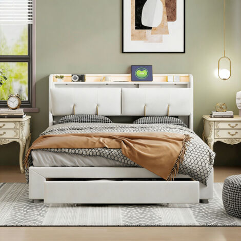 VASIEN Lit Coffre 140x200 cm cm avec LED et 2 Tiroirs, lit 140x200 cm avec espace et sommier à lattes, lit hydraulique, Lit Adultes et Lit Adolescents, velours, sans matelas, Blanc cassé
