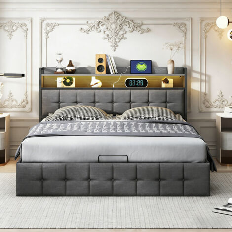 VASIEN Lit Coffre 140x200 cm cm avec LED et USB, lit 140x200 cm avec espace et sommier à lattes, lit hydraulique, Lit Adultes et Lit Adolescents, velours, sans matelas, Gris, Linge