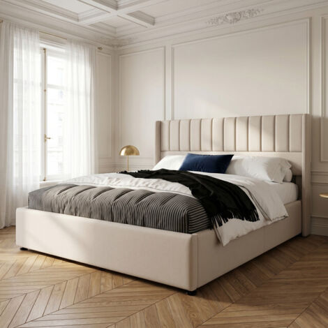 VASIEN Lit Coffre 160 x 200 cm, lit Double rembourré, Lit 2 Personnes avec Espace de Stockage hydraulique et sommier à Lattes, Cadre de Lits pour Adulte Adolescent, sans matelas, Beige, Lin