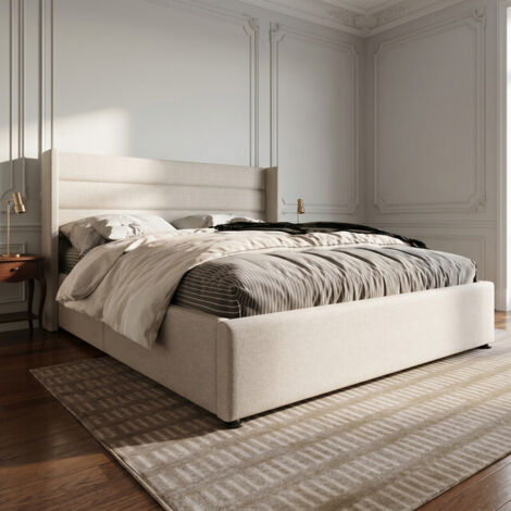VASIEN Lit Coffre 160 x 200 cm, lit Double rembourré, Lit 2 Personnes avec Espace de Stockage hydraulique et sommier à Lattes, Cadre de Lits pour Adulte Adolescent, sans matelas, Beige, Lin
