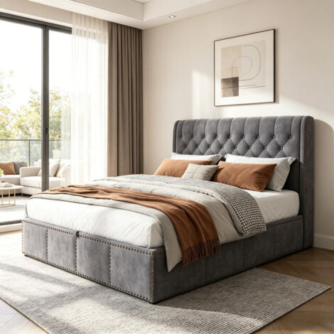 VASIEN Lit Coffre 160x200 cm avec Sommier, lit 160x200 Hydraulique 2 places avec Rangement et Tete de Lits Rembourré, Cadre de Lits Double pour Adultes et Adolescents, Sommier à Lattes, Gris, Velours