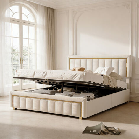 VASIEN Lit Coffre 160x200 cm, Lit 160x200 Hydraulique 2 places avec Tete de Lits Rembourré, Lit Adultes et Lit Adolescents, Sommier à Lattes, sans Matelas, Blanc cassé, Velours