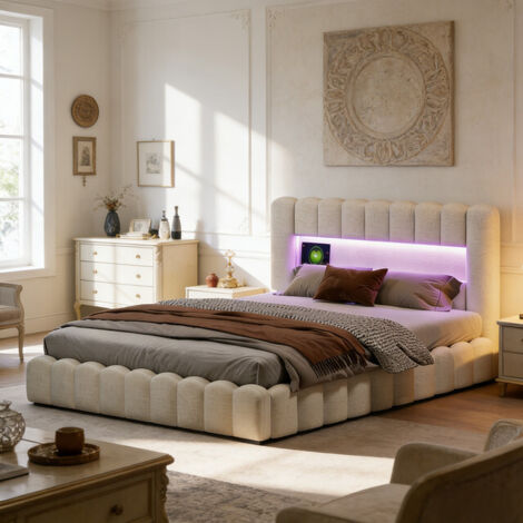 VASIEN Lit Coffre 180x200 cm, Tête de lit avec éclairage LED, Fonction de Chargement USB et de Rangement,Lit Double avec Rangement, sommier tapissier avec Rangement, sans Matelas, Beige, Lin