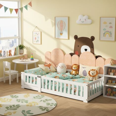 VASIEN – Lit enfant 120x200 cm  –Protection antichute – Barrières de protection et petite porte– Sommier à lattes pin massif – Lit Montessori blanc pour garçons et filles