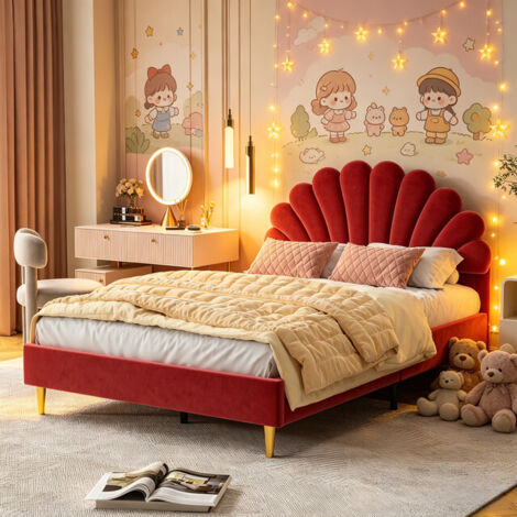 VASIEN Lit Enfant Tête de Lit Coquillage 140x200cm, Lit Enfant Moderne avec Pieds Dorés, Sommier à Lattes Inclus pour Chambre d'Enfant, Velours, Beige